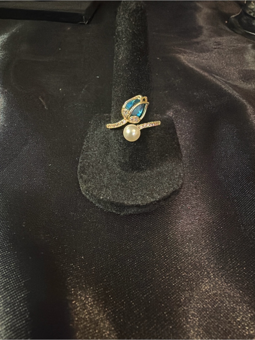 Gold-Tone Blue Enamel Floral Ring with Pearl Accent